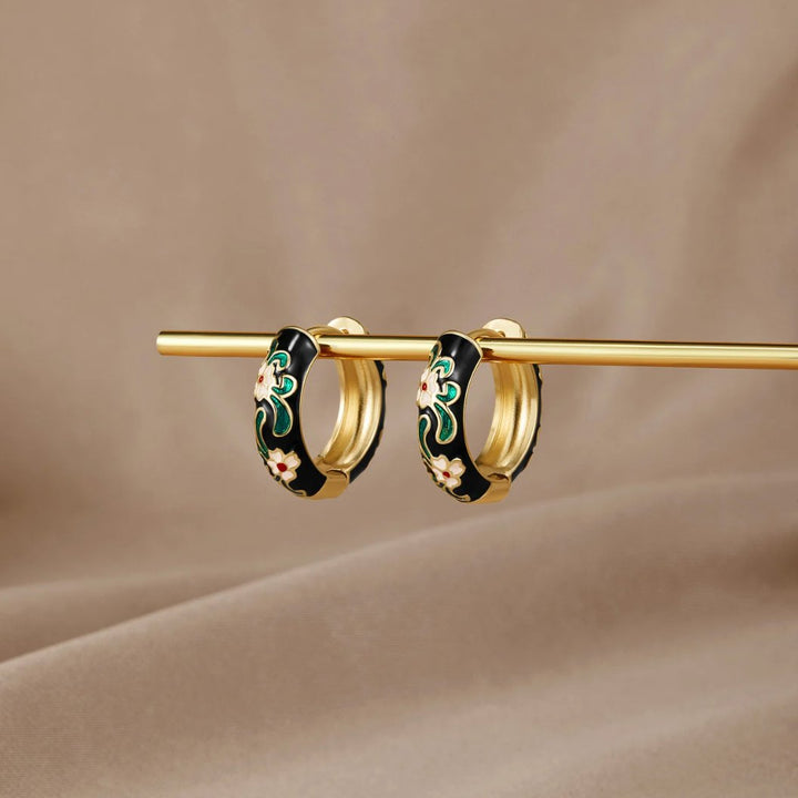 Black Gold Hoop Flower Earrings